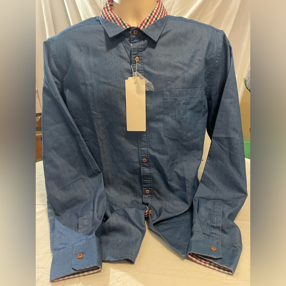 Coofandy  Blue W/ Plaid Collar Button Long Sleeve Shirt